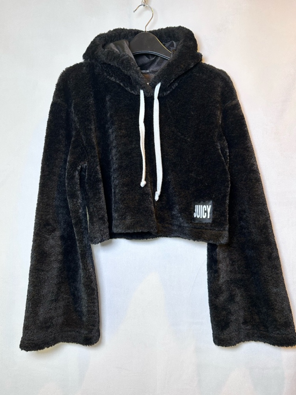 Juicy Couture Black Teddy Plush Cropped Y2K  Hoodie Wide Flare Sleeves. Size S